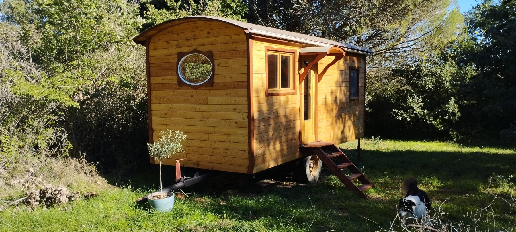 Roulotte en bois nichée dans la nature, ambiance chaleureuse